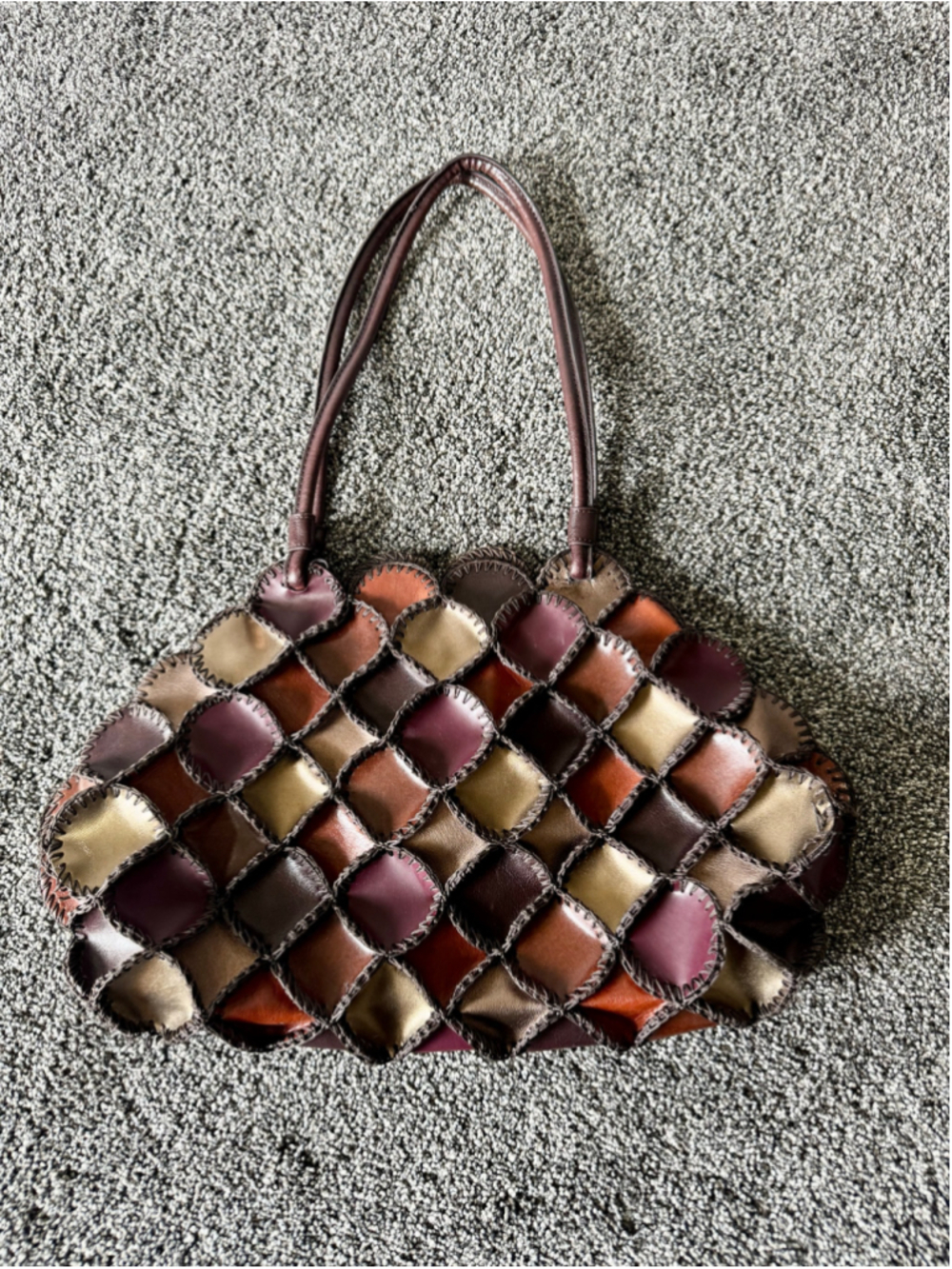 Braccialini Vintage Patchwork Leather Tote Gold, Burgundy, Brown, Orange